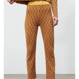 Zara Womens 70s Retro Orange Geometric High Rise Flared Jacquard Legging Pants S